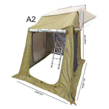 Image of the 23ZERO Armadillo A2 Plus rooftop tent annex room, with a zippered entrance and two windows, shown with a ladder inside. The image includes measurements for the height, width, and length of the annex room