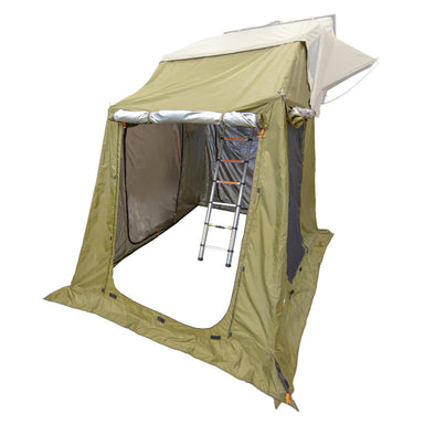 Image of the 23ZERO Armadillo A2 Plus rooftop tent annex room, with an open entrance and two windows, shown with a ladder inside on a white background. This annex is made of green fabric with a silver underside and has orange accents