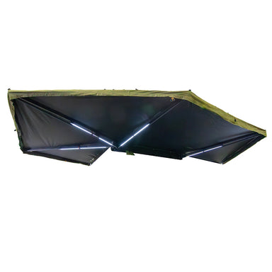 Image of Peregrine Awning partially deployed with LED lights, green fabric with black underside, angled front and side view on white background