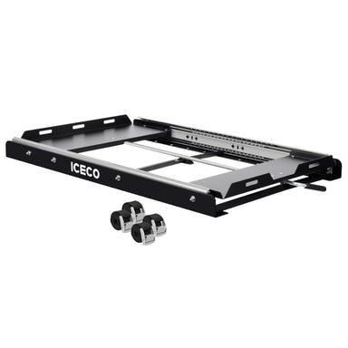 A black ICECO refrigerator slide tray with silver rails and a textured black platform, designed for easy access, accompanied by two black securing straps, all presented on a white background