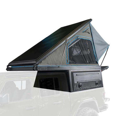 Image of Green Jeep Gladiator Driver Side With Magpak Camper Shell Roof Top Tent Combo open door open tent with white background