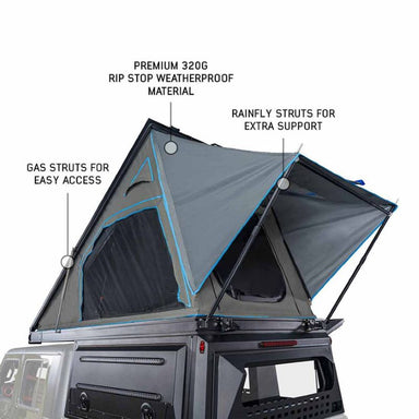 Image of black Jeep Gladiator Driver Side rear With Magpak Camper Shell Roof Top Tent Combo open tent with white background