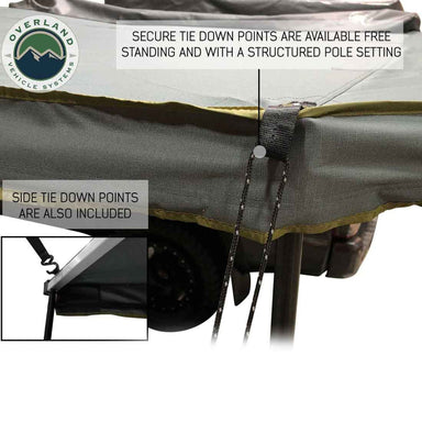 Image of the OVS Nomadic Awning showing the tie-down points for securing the awning, featuring a close-up of a main tie-down point and an inset image of a side tie-down point