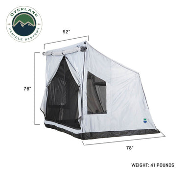 A detailed product shot of the OVS ground tent shows its dimensions. The tent is angled to show the front and side, with measurements of 76" height, 92" width, and 78" depth, and a listed weight of 41 pounds