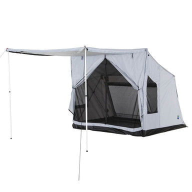 A white ground tent is set up with a partial awning on the left side, angled from the front. The tent features black mesh windows and a black base, shown on a white background