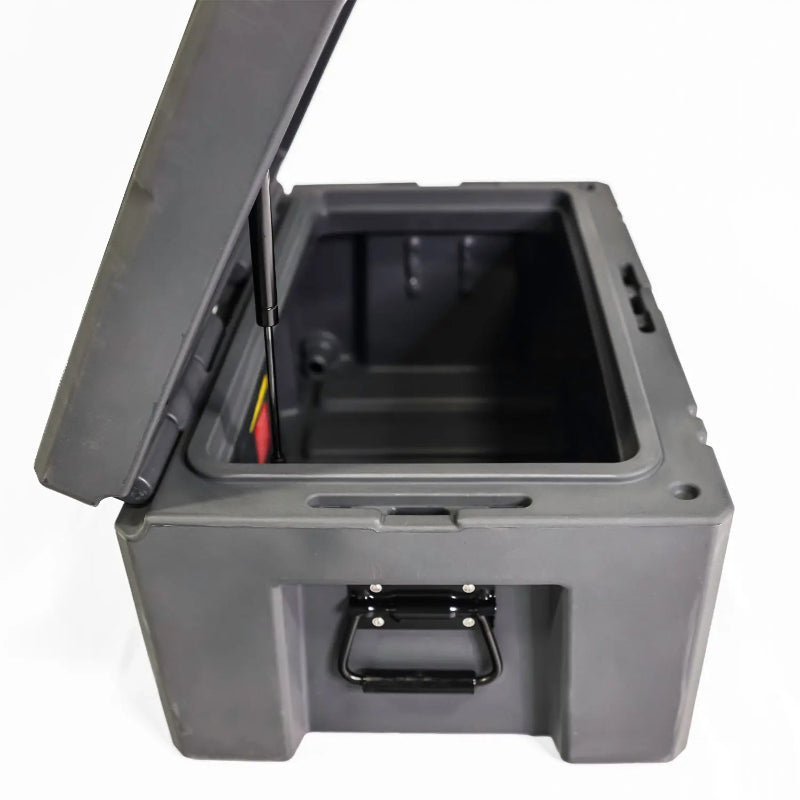 Image of a grey storage box with its lid partially open and supported by a gas strut, revealing the interior, angled side view on a white background.
