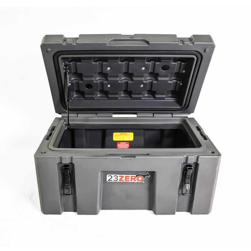 Image of a grey 23ZERO storage box with the lid open, revealing a spacious interior, front view on a white background.