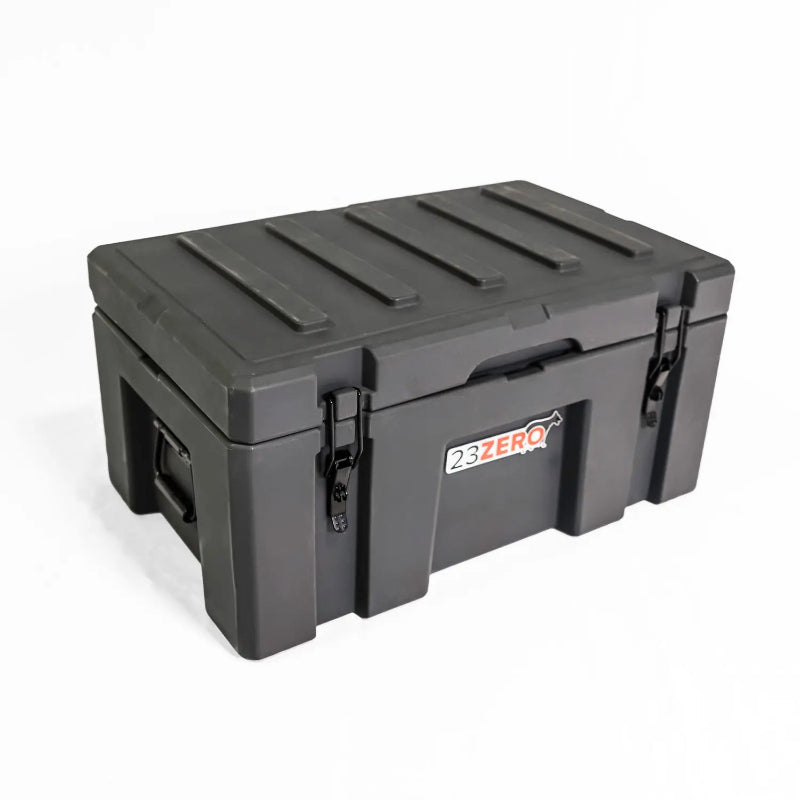Image of a closed grey 23ZERO storage box with black latches and side handles, angled front and side view on a white background.