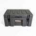 Image of a closed grey 23ZERO storage box with black latches, front view on a white background.