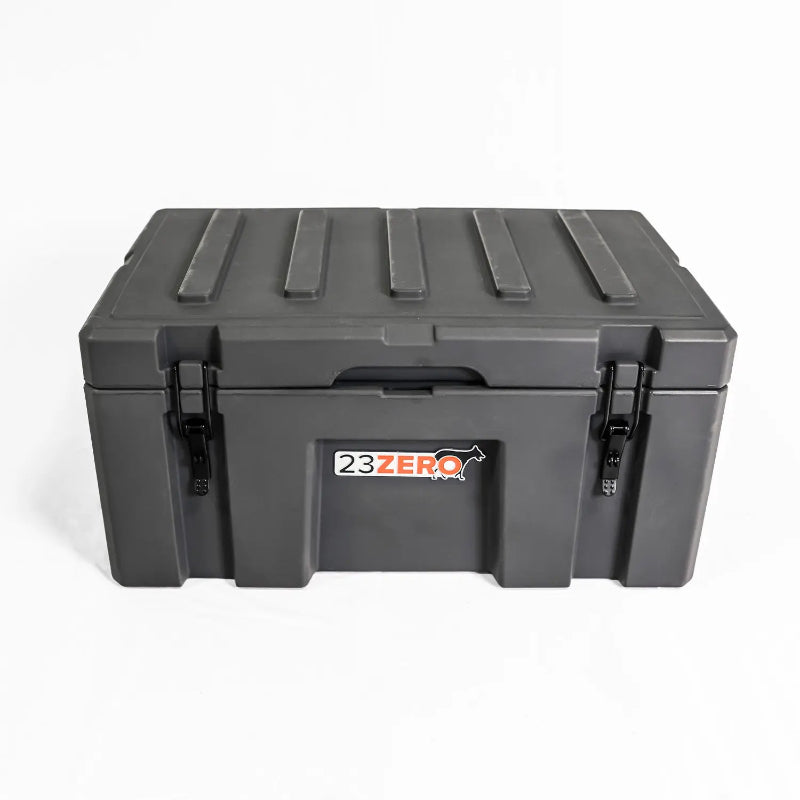 Image of a closed grey 23ZERO storage box with black latches, front view on a white background.