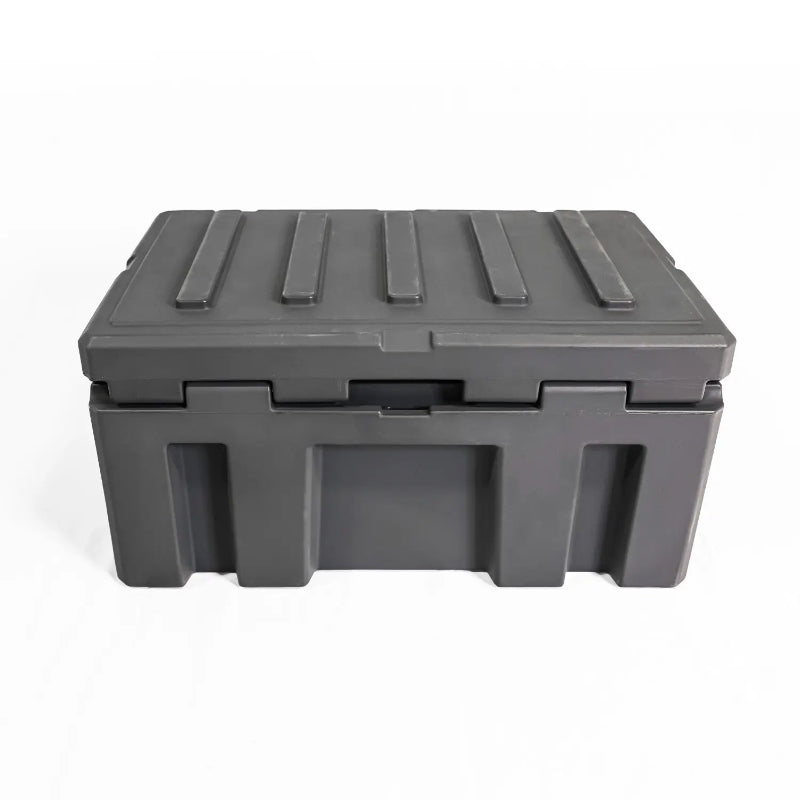 Image of a closed grey storage box, front view on a white background.