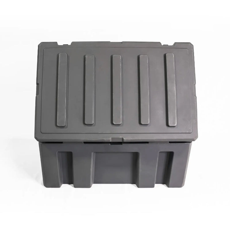 Image of a closed grey storage box, top-front view on a white background.