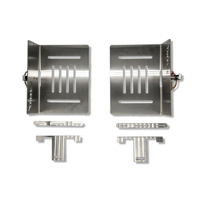 Image of two brushed stainless steel plates with vertical slots and accompanying mounting hardware, top-down view on a white background.