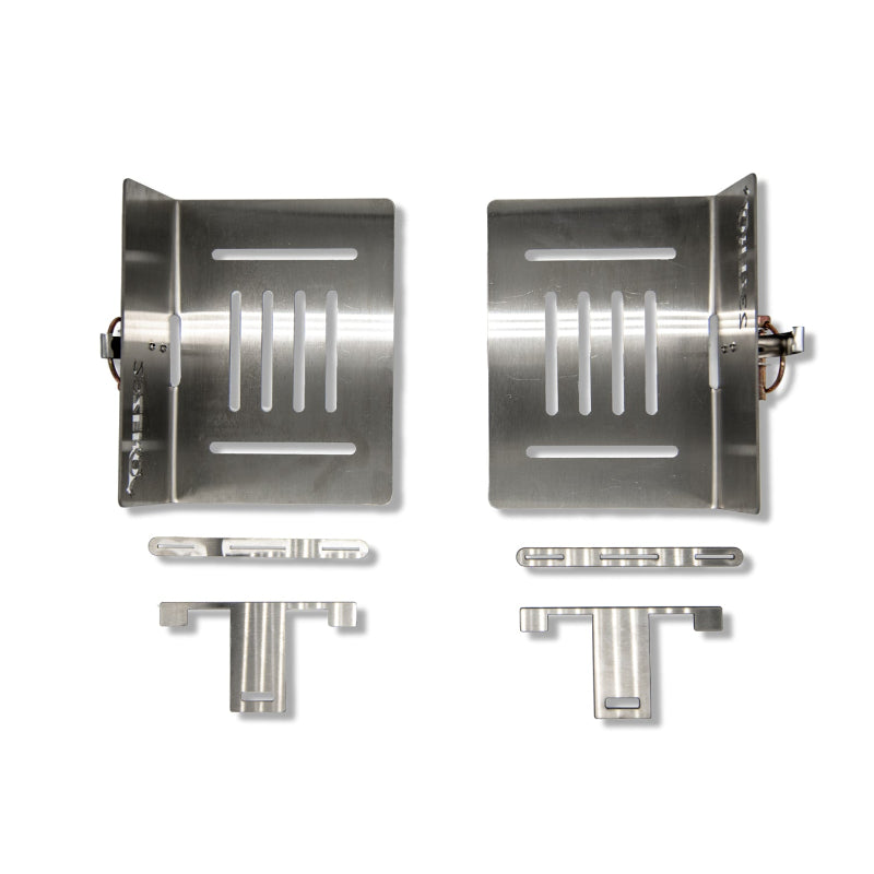 Image of two brushed stainless steel plates with vertical slots and accompanying mounting hardware, top-down view on a white background.