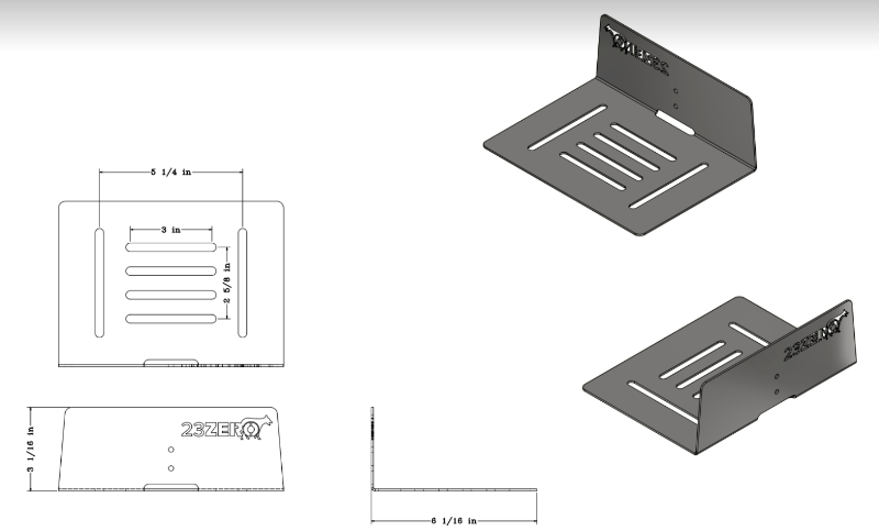 Image of a technical drawing of a 23ZERO mounting bracket with dimensions and two isometric views on a white background.