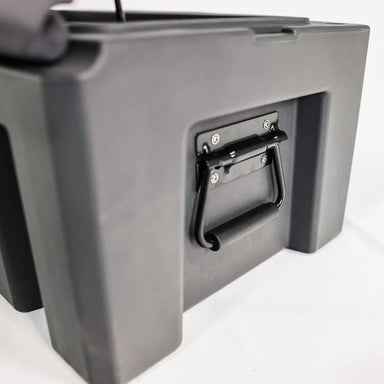 Image of a close-up of a black side handle on a grey storage box, angled side view on a white background.