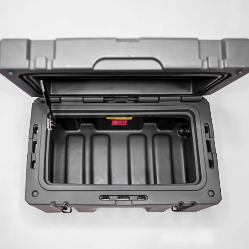 Image of an open grey storage box, showcasing the spacious interior from a top-down angled view on a white background.