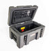 Image of a grey 23ZERO storage box with the lid open, revealing a spacious interior, angled front and side view on a white background.