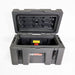 Image of a grey 23ZERO storage box with the lid open, revealing a spacious interior, front view on a white background.