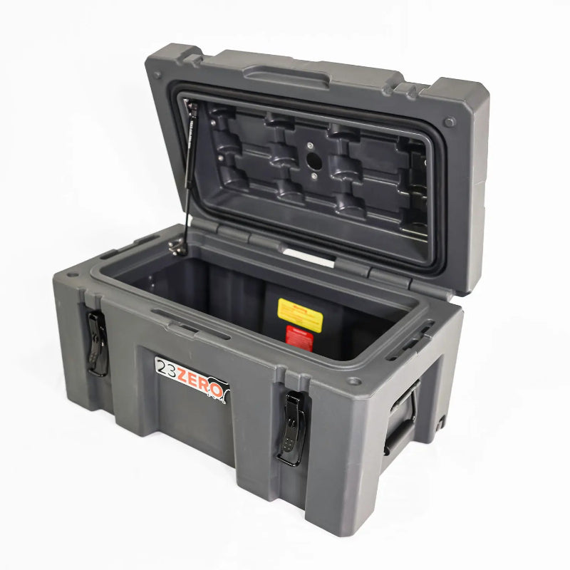Image of a grey 23ZERO storage box with the lid open, revealing a spacious interior, angled front and side view on a white background.