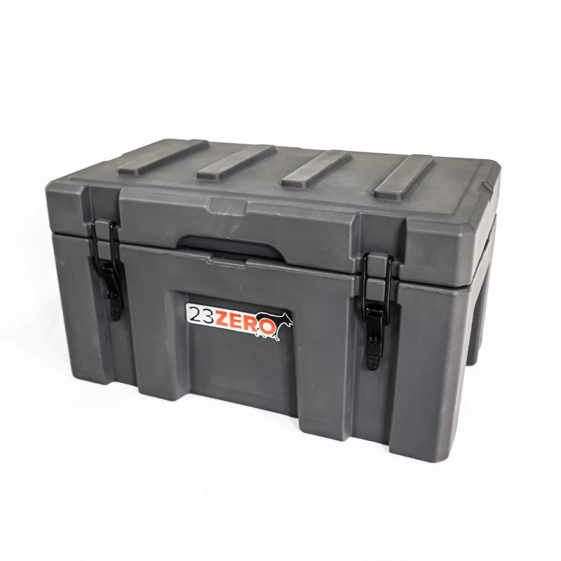 Image of a closed grey 23ZERO storage box with black latches, angled front and side view on a white background.