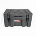 Image of a closed grey 23ZERO storage box with black latches, front view on a white background.