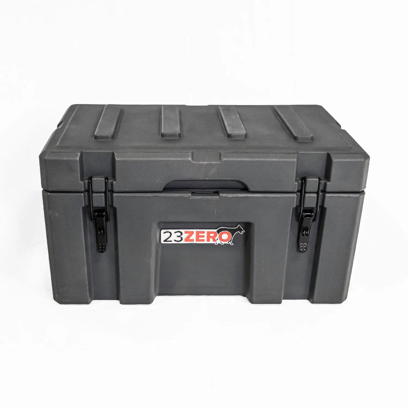 Image of a closed grey 23ZERO storage box with black latches, front view on a white background.