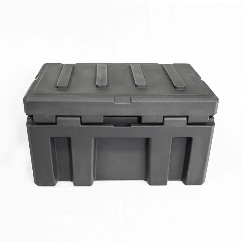Image of a closed grey storage box, front view on a white background.
