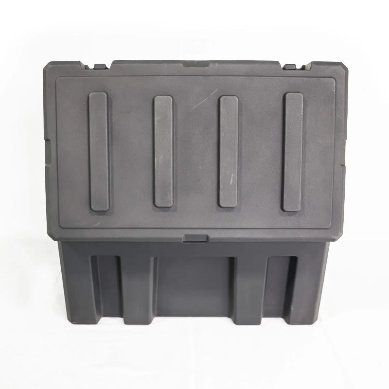 Image of a closed grey storage box, top-front view on a white background.