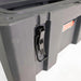Image of a close-up of a black latch on a grey 23ZERO storage box, angled side view on a white background.