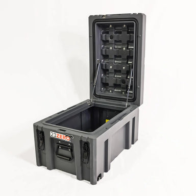 Image of a grey 23ZERO storage box with its lid fully open and supported by two gas struts, revealing the spacious interior, angled front and side view on a white background.
