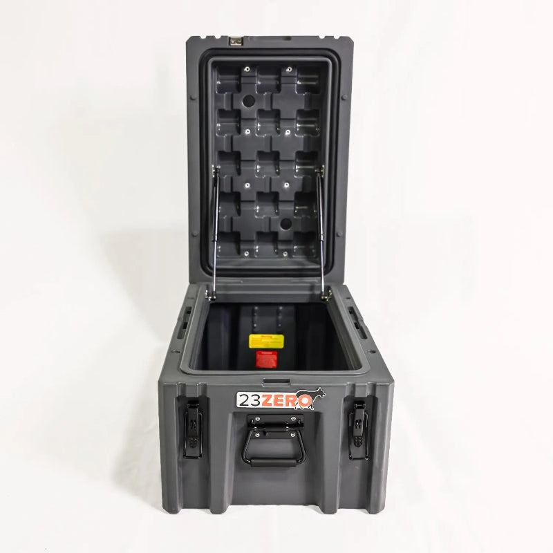 Image of a grey 23ZERO storage box with its lid fully open and supported by two gas struts, revealing the spacious interior, front view on a white background.