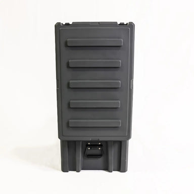 Image of a closed grey storage box, standing upright with a side handle visible at the bottom, front view on a white background.