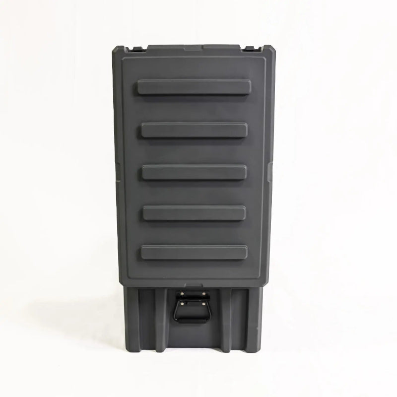 Image of a closed grey storage box, standing upright with a side handle visible at the bottom, front view on a white background.