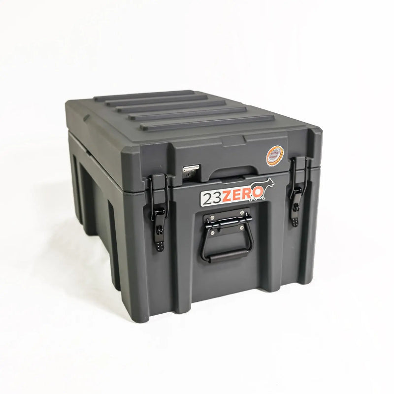 Image of a closed grey 23ZERO storage box with black latches and a side handle, angled front and side view on a white background.