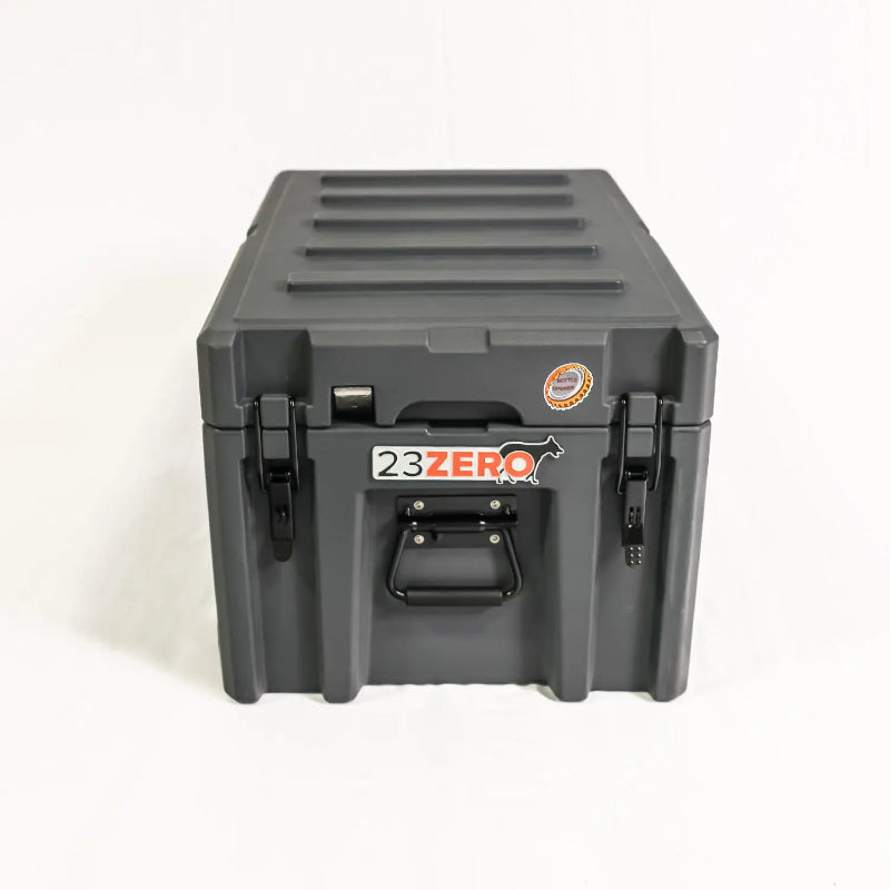 Image of a dark gray 23ZERO storage box with black latches and handle, angled front view on a white background.