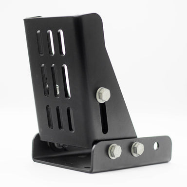 Image of adjustable black steel awning mounting bracket with slotted sides and bolt hardware, angled front and side view on white background.