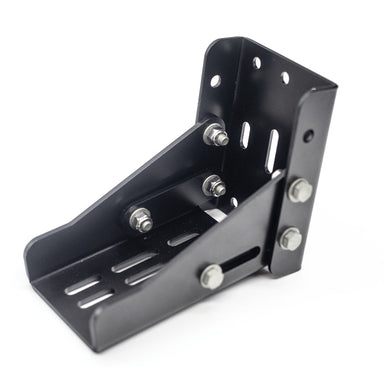 Image of adjustable black steel awning mounting bracket with slotted base and bolt hardware, angled side and interior view on white background.
