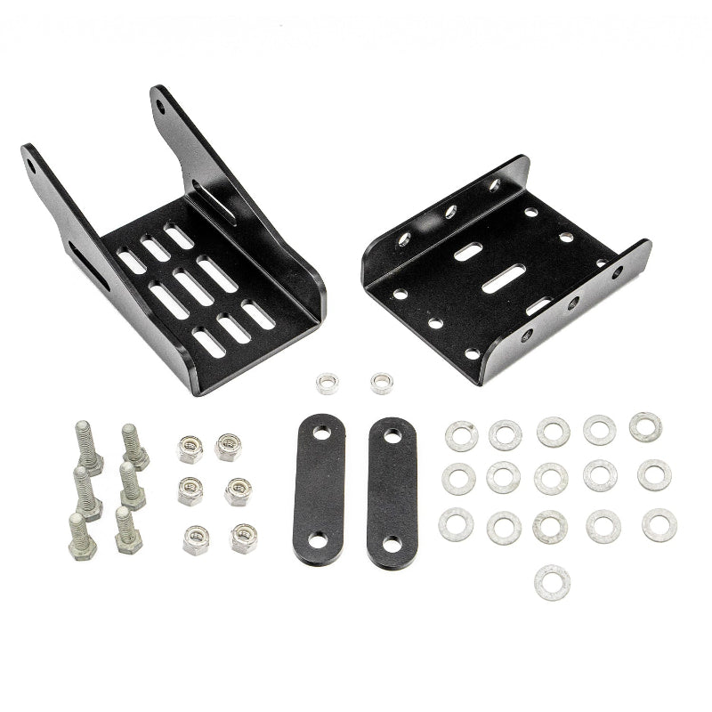 Image of adjustable black steel awning mounting bracket set with two brackets, support plates, bolts, nuts, and washers, top-down view on white background.