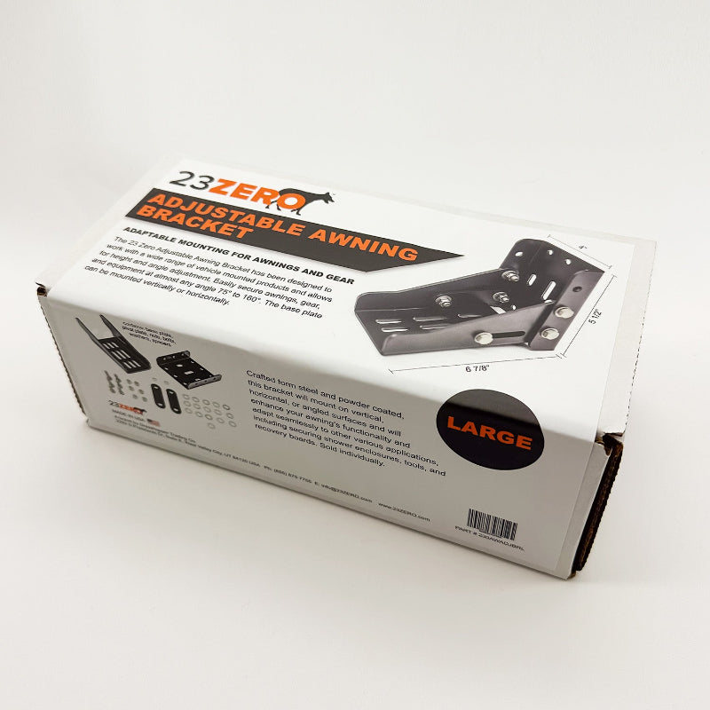 Image of 23ZERO Adjustable Awning Bracket Large retail packaging box with product image and specifications, angled front and side view on white background.
