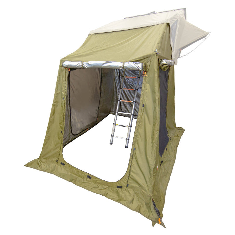 Image of the 23ZERO Armadillo A2 Plus rooftop tent annex room, with an open entrance and two windows, shown with a ladder inside on a white background. This annex is made of green fabric with a silver underside and has orange accents