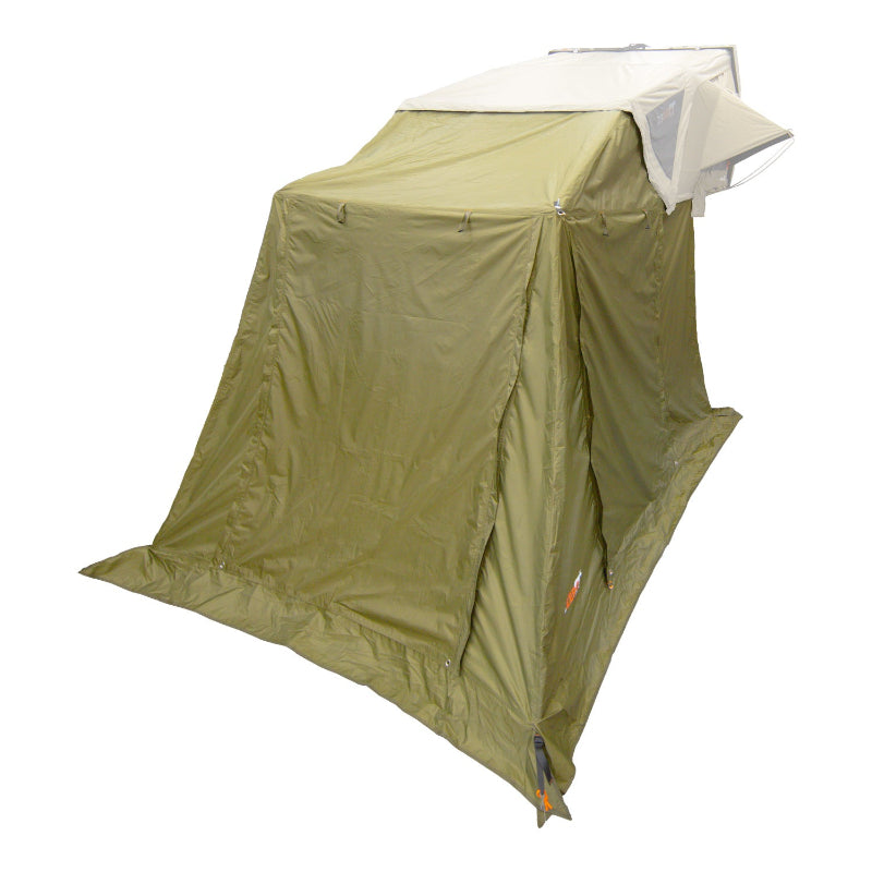 Image of the 23ZERO Armadillo A2 Plus rooftop tent annex room, with the entrance and two windows fully zipped and closed, on a white background. The annex is made of green fabric with orange accents