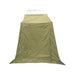 Image of the 23ZERO Armadillo A2 Plus rooftop tent annex room, with the entrance and windows fully zipped and closed, facing forward on a white background. The annex is made of green fabric with orange accents