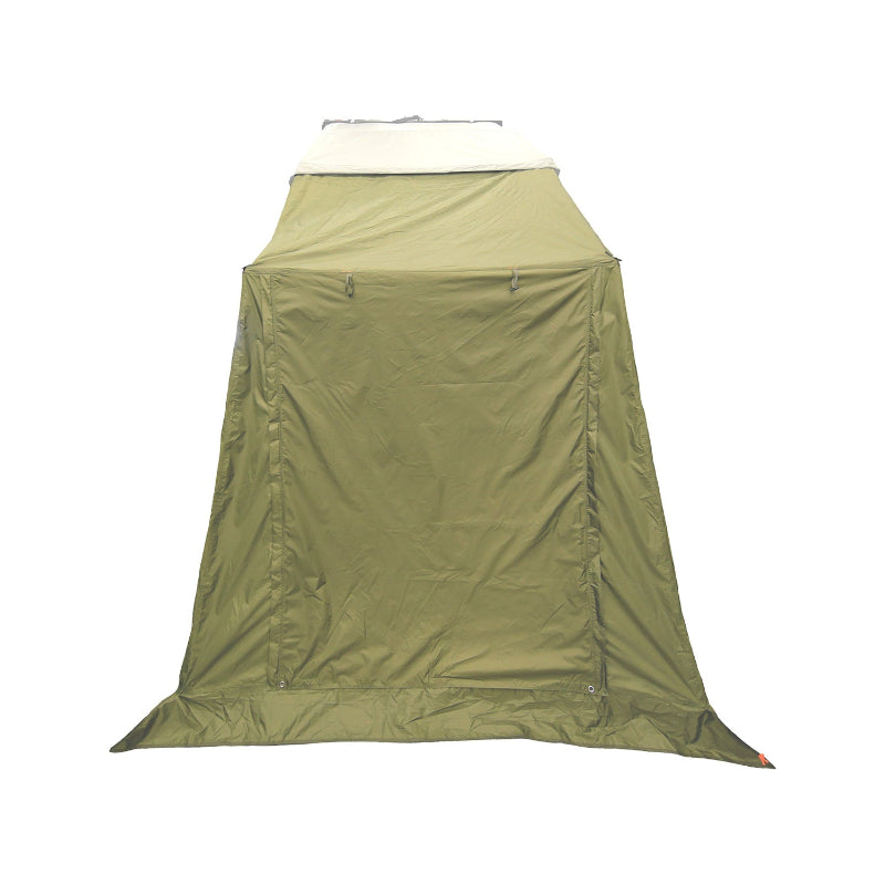 Image of the 23ZERO Armadillo A2 Plus rooftop tent annex room, with the entrance and windows fully zipped and closed, facing forward on a white background. The annex is made of green fabric with orange accents
