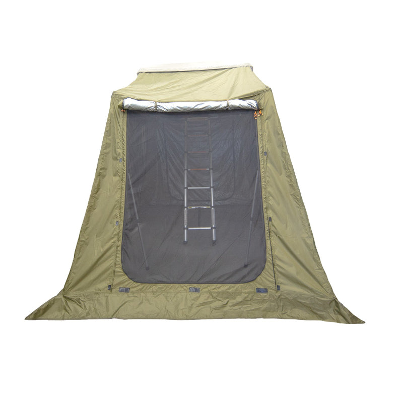 Image of the 23ZERO Armadillo A2 Plus rooftop tent annex room, with the front entrance unzipped and rolled up to reveal a mesh screen and a ladder inside. The annex is made of green fabric with orange accents, all on a white background