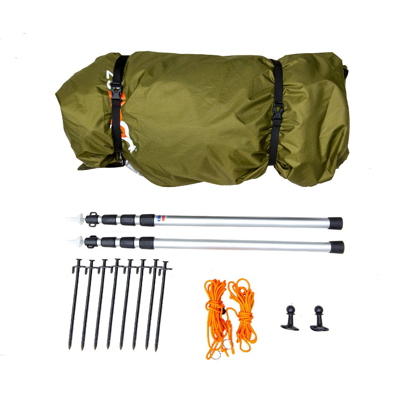 Image of the complete kit for the 23ZERO Armadillo A2 Plus rooftop tent annex room, showing the packed bag and all accessories laid out on a white background. The accessories include two telescoping poles, eight ground stakes, two black plastic hooks, and two bundles of orange guy lines