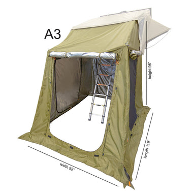 Image of the Zero A3 Armadillo Roof Top Tent Annex, a large khaki-colored tent extension with a built-in metal ladder and zippered door, shown with dimensions labeled for width (92"), length (119"), and height (96"), angled front and side view on a white background