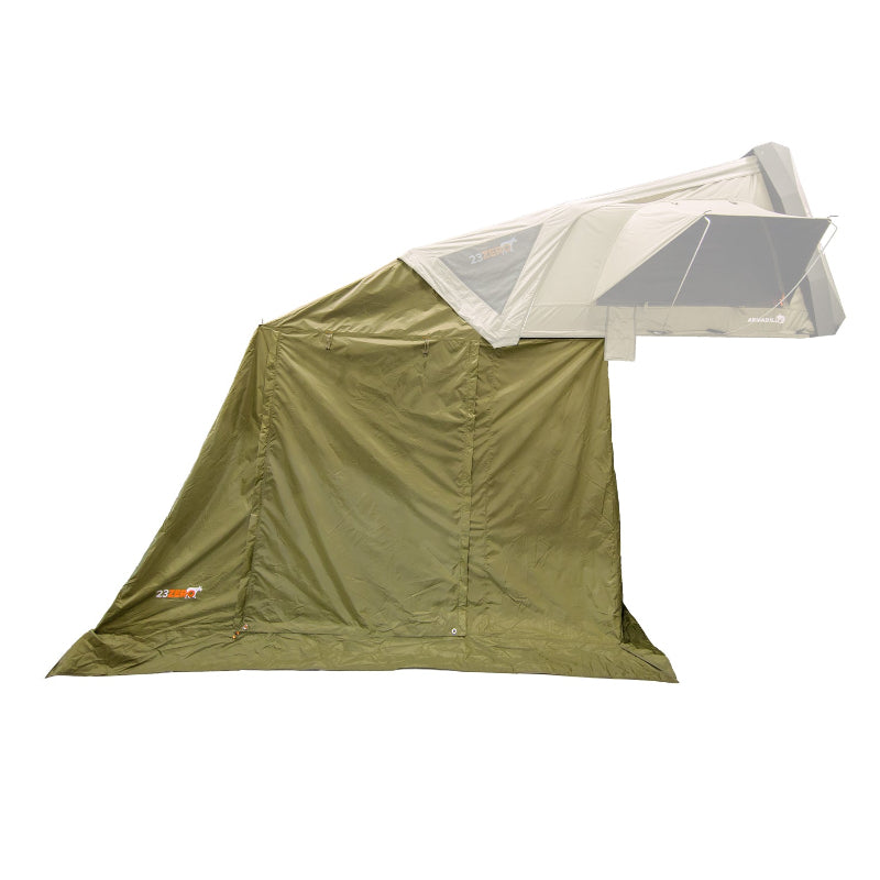 Image of the 23ZERO Armadillo A3 Plus Annex tent extension, shown attached to a rooftop tent, with its solid khaki-colored walls fully extended to create an enclosed room, angled side view on a white background