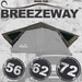 Image of a grey 23 Zero Breezeway rooftop tent with mesh windows on a white vehicle, set against a blurred background of a rocky landscape, with "MADE FOR BREEZEWAY" text at the top and three circular badges displaying "56", "62", and "72" at the bottom.