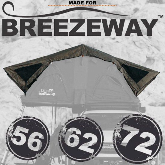 Image of a grey 23 Zero Breezeway rooftop tent with mesh windows on a white vehicle, set against a blurred background of a rocky landscape, with "MADE FOR BREEZEWAY" text at the top and three circular badges displaying "56", "62", and "72" at the bottom.